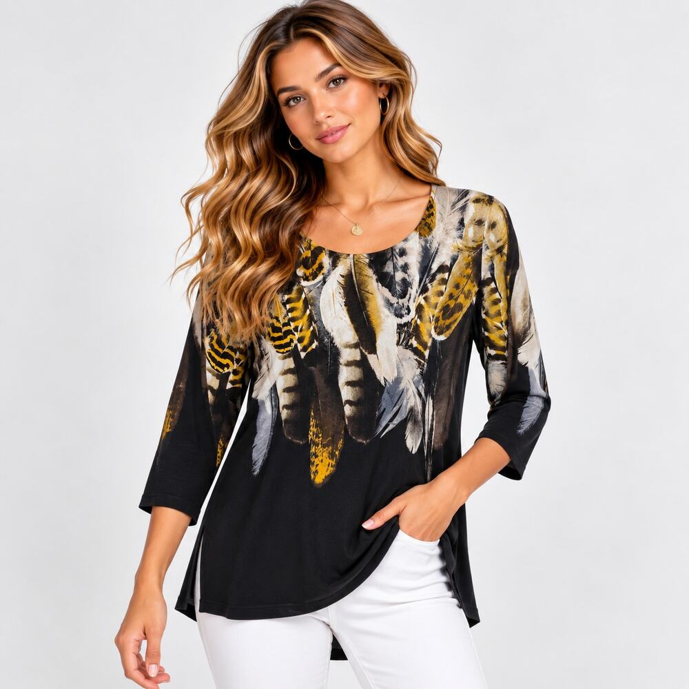 Susan Graver Liquid Knit Blouse Women's Size S Black Feather Boho Office Casual
